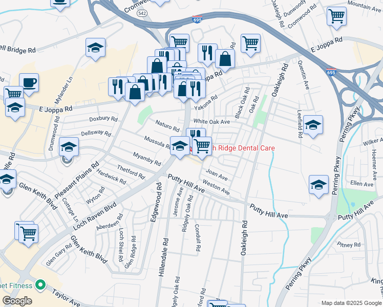 map of restaurants, bars, coffee shops, grocery stores, and more near 1702 Joan Avenue in Towson