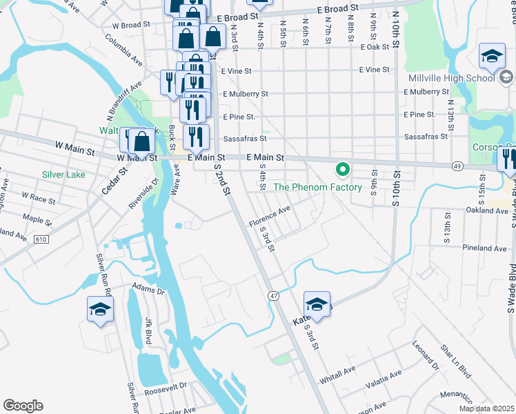 map of restaurants, bars, coffee shops, grocery stores, and more near 223 South 3rd Street in Millville