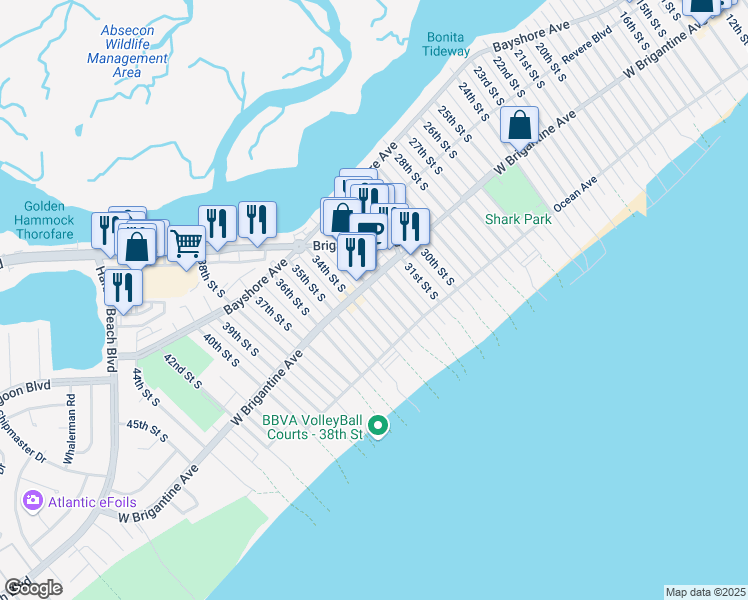 map of restaurants, bars, coffee shops, grocery stores, and more near 312 33rd Street South in Brigantine