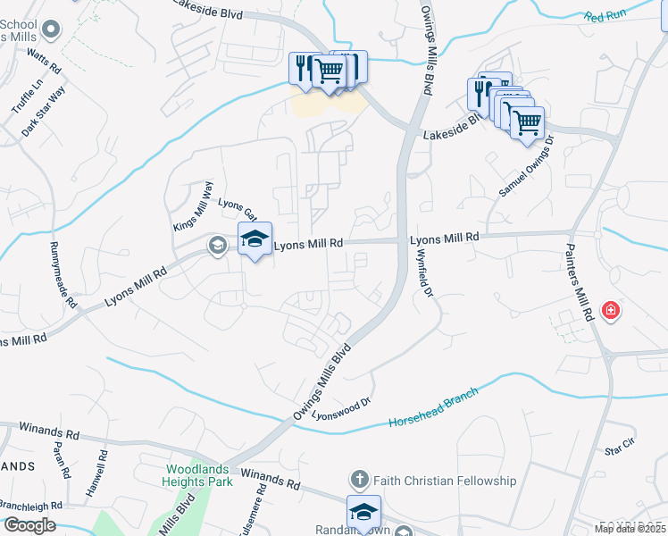 map of restaurants, bars, coffee shops, grocery stores, and more near 9450 Davy Lane in Owings Mills