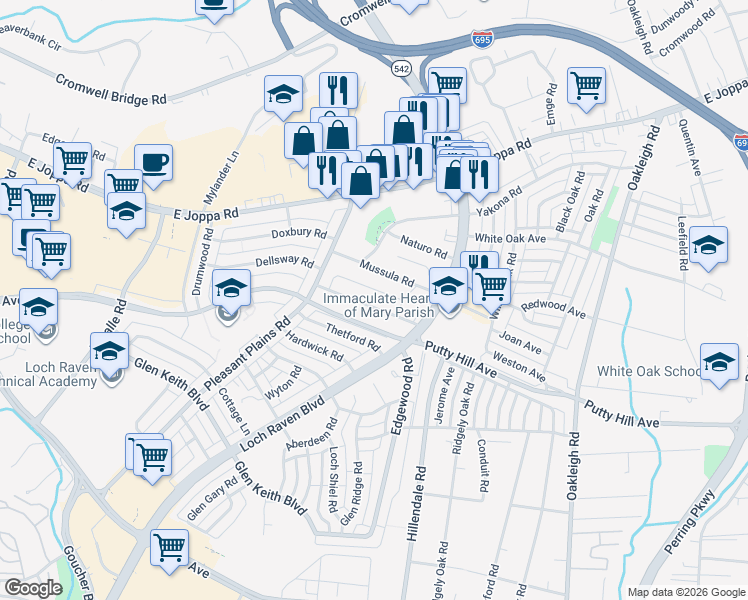 map of restaurants, bars, coffee shops, grocery stores, and more near 1642 Myamby Road in Towson