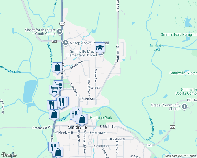 map of restaurants, bars, coffee shops, grocery stores, and more near 413 Maple Ave in Smithville