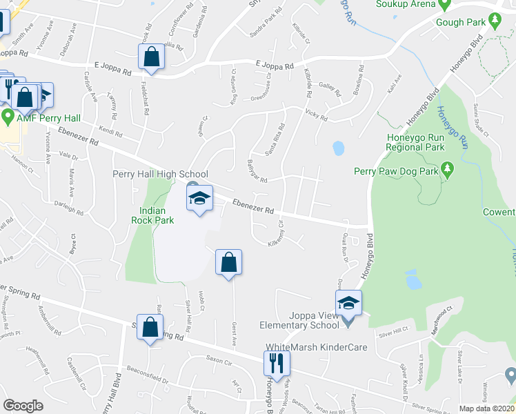 map of restaurants, bars, coffee shops, grocery stores, and more near 4700 Ebenezer Road in Nottingham