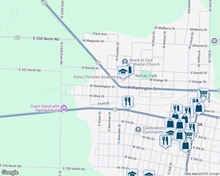 map of restaurants, bars, coffee shops, grocery stores, and more near 110 South Johns Street in Pana