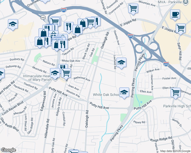 map of restaurants, bars, coffee shops, grocery stores, and more near 8509 Oakleigh Road in Parkville