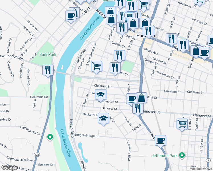 map of restaurants, bars, coffee shops, grocery stores, and more near 222 Chestnut Street in Hamilton