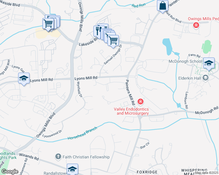 map of restaurants, bars, coffee shops, grocery stores, and more near 4501 Eli Drive in Owings Mills