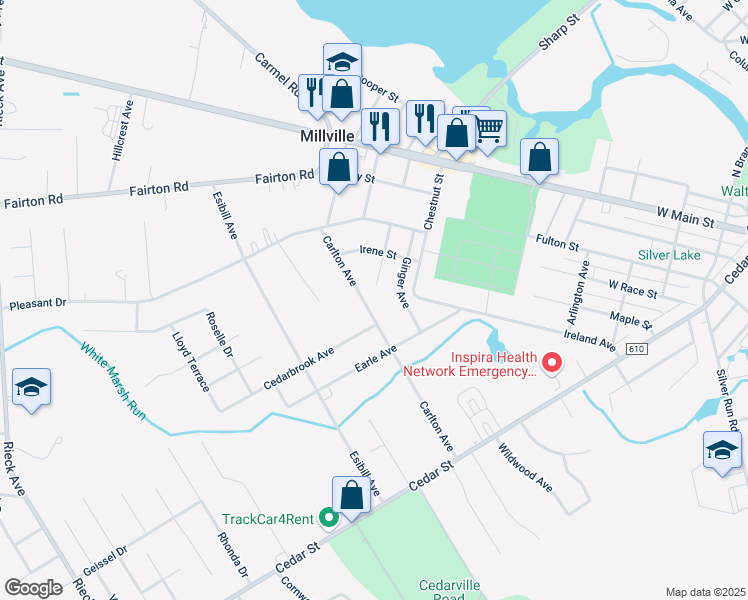 map of restaurants, bars, coffee shops, grocery stores, and more near 300 Ginger Avenue in Millville