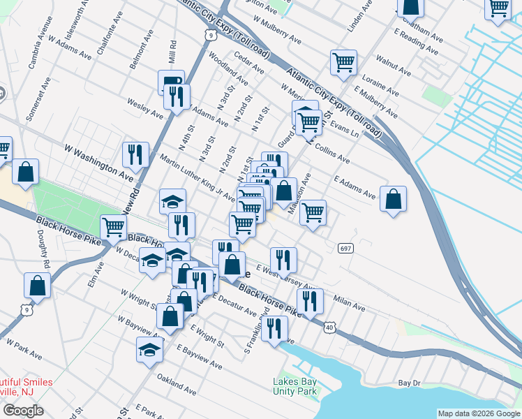 map of restaurants, bars, coffee shops, grocery stores, and more near 53A North Main Street in Pleasantville
