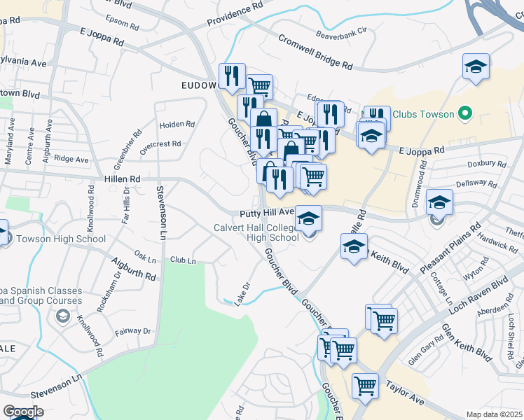 map of restaurants, bars, coffee shops, grocery stores, and more near 1246 Putty Hill Avenue in Towson