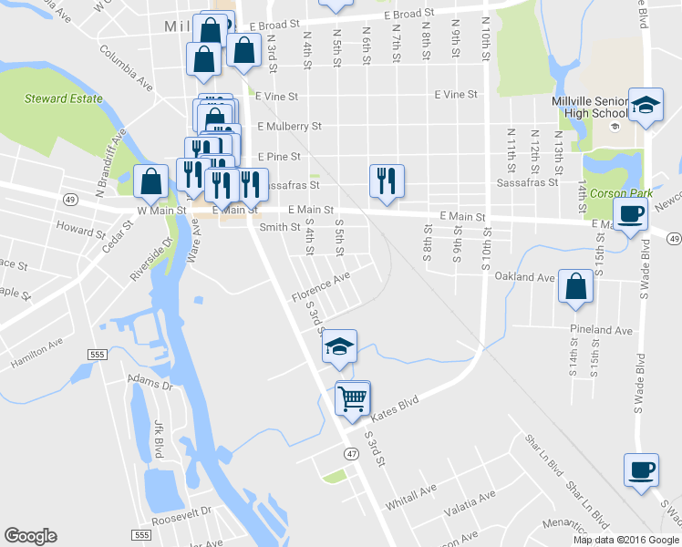 map of restaurants, bars, coffee shops, grocery stores, and more near 220 South 5th Street in Millville
