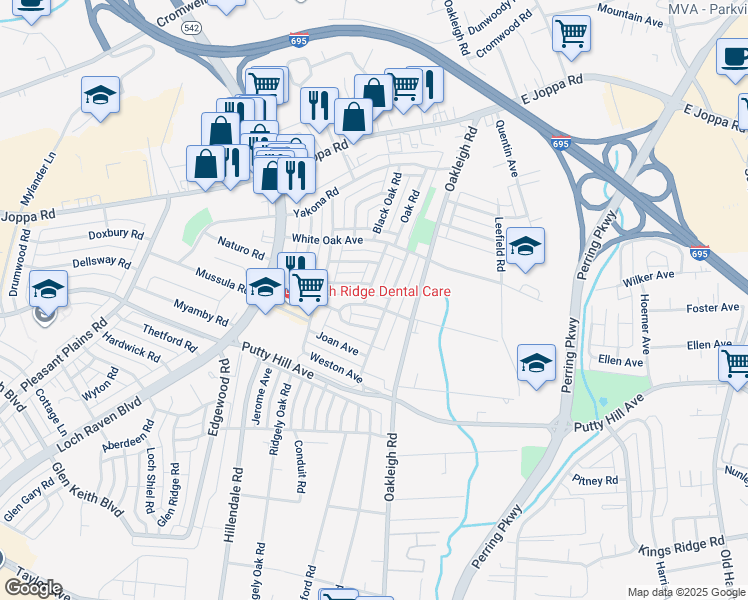 map of restaurants, bars, coffee shops, grocery stores, and more near 1732 Redwood Avenue in Parkville