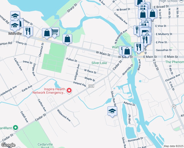 map of restaurants, bars, coffee shops, grocery stores, and more near 2 Turtle Court in Millville
