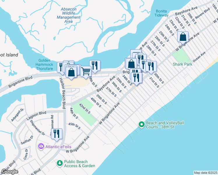 map of restaurants, bars, coffee shops, grocery stores, and more near 213 37th Street South in Brigantine