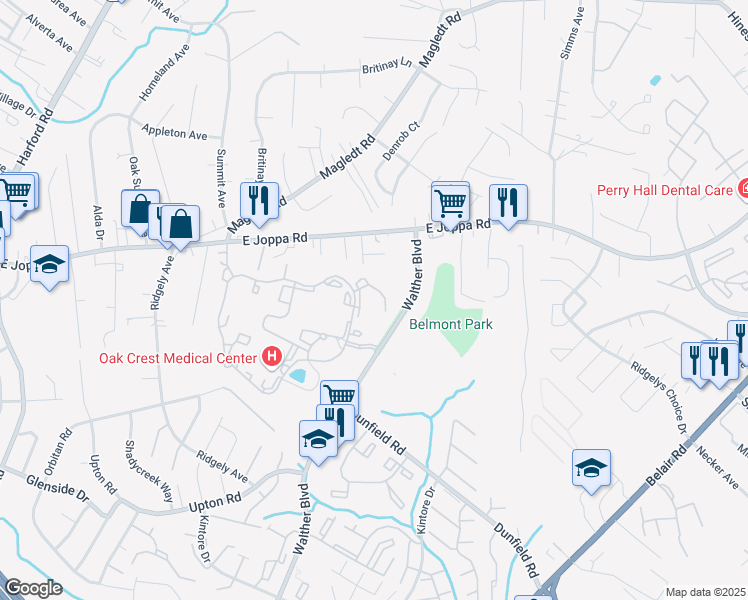 map of restaurants, bars, coffee shops, grocery stores, and more near 8800 Walther Boulevard in Parkville