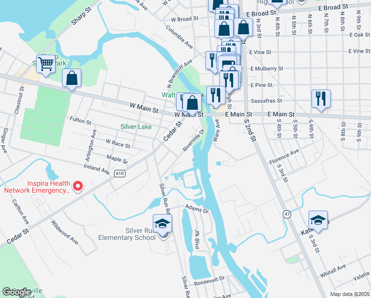 map of restaurants, bars, coffee shops, grocery stores, and more near 200 Riverside Drive in Millville