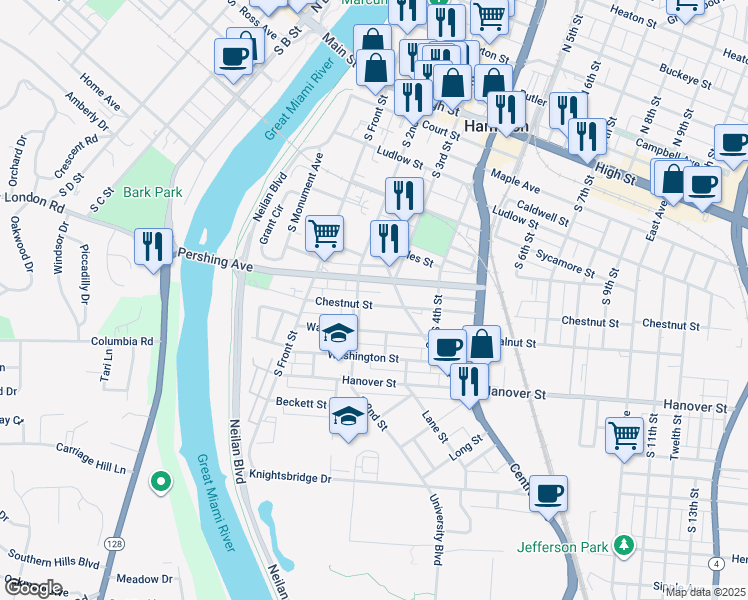 map of restaurants, bars, coffee shops, grocery stores, and more near 222 Chestnut Street in Hamilton