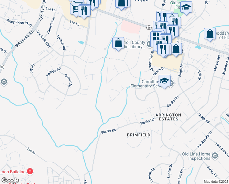 map of restaurants, bars, coffee shops, grocery stores, and more near 6611 Phaedra Court in Sykesville