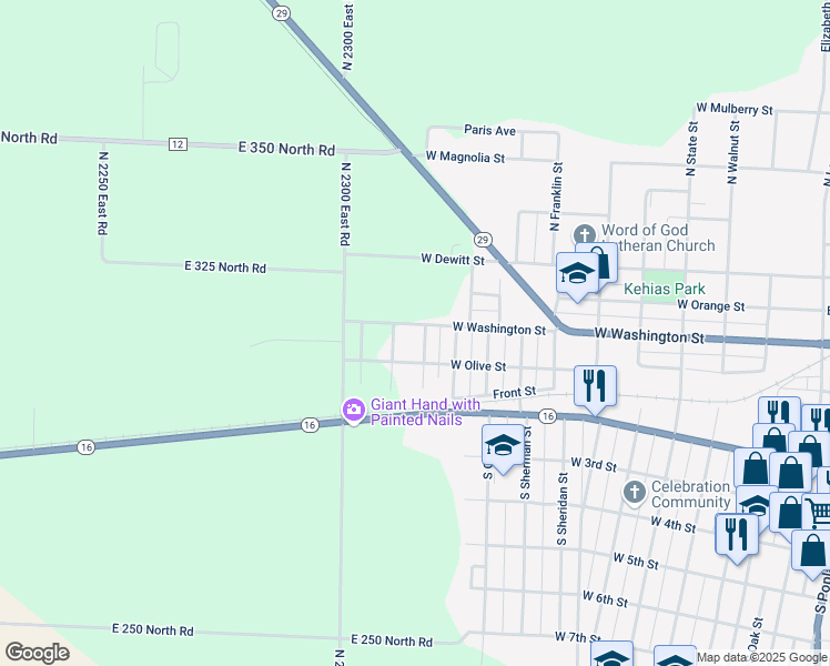 map of restaurants, bars, coffee shops, grocery stores, and more near 805 West Washington Street in Pana