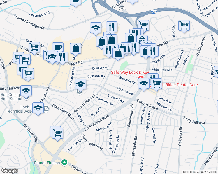 map of restaurants, bars, coffee shops, grocery stores, and more near 1605 Myamby Road in Towson