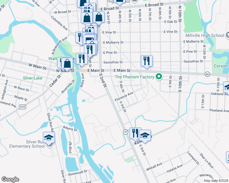 map of restaurants, bars, coffee shops, grocery stores, and more near 223 South 3rd Street in Millville