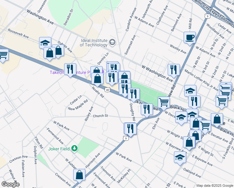 map of restaurants, bars, coffee shops, grocery stores, and more near 615 Black Horse Pike in Pleasantville