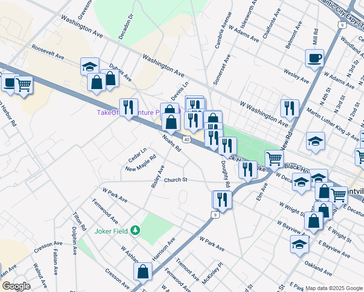 map of restaurants, bars, coffee shops, grocery stores, and more near 701 East Black Horse Pike in Pleasantville