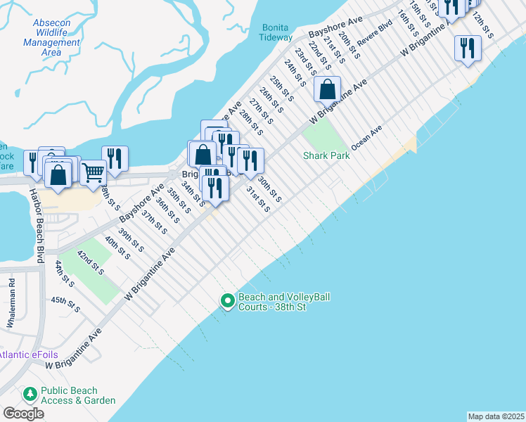 map of restaurants, bars, coffee shops, grocery stores, and more near 3015 Ocean Avenue in Brigantine