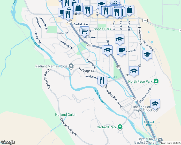 map of restaurants, bars, coffee shops, grocery stores, and more near 640 North Bridge Drive in Carbondale