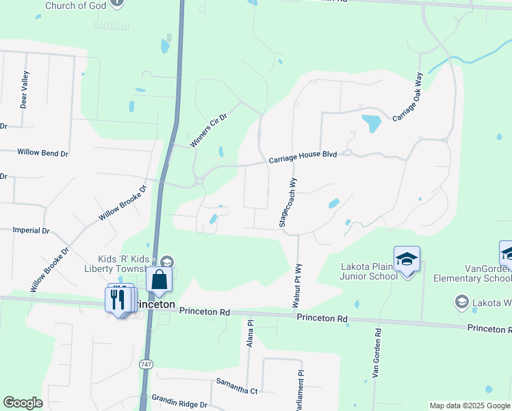 map of restaurants, bars, coffee shops, grocery stores, and more near 6353 Coachlight Way in Butler County