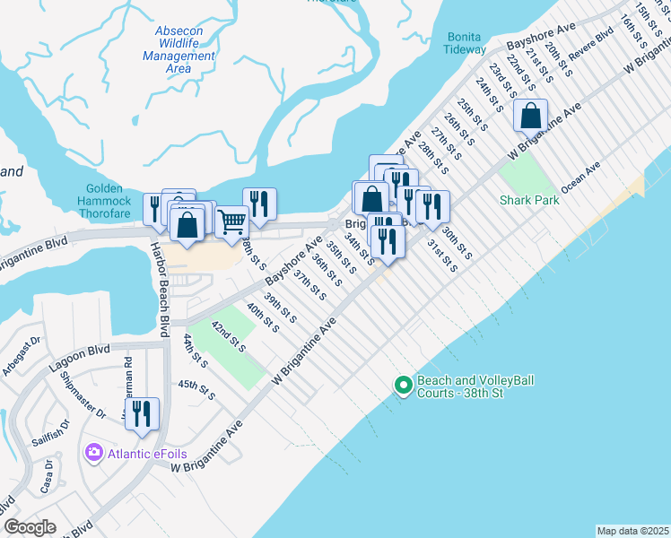 map of restaurants, bars, coffee shops, grocery stores, and more near 239 36th Street South in Brigantine