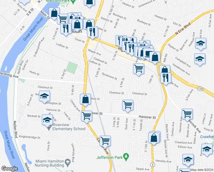 map of restaurants, bars, coffee shops, grocery stores, and more near 522 South 7th Street in Hamilton