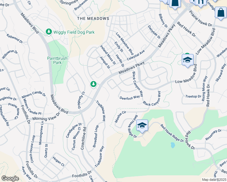 map of restaurants, bars, coffee shops, grocery stores, and more near 2960 Open Sky Way in Castle Rock