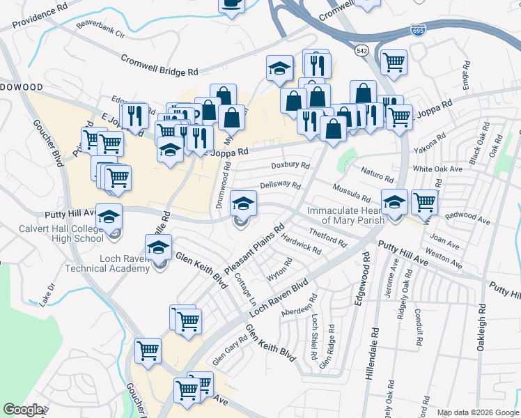 map of restaurants, bars, coffee shops, grocery stores, and more near 1539 Putty Hill Avenue in Towson