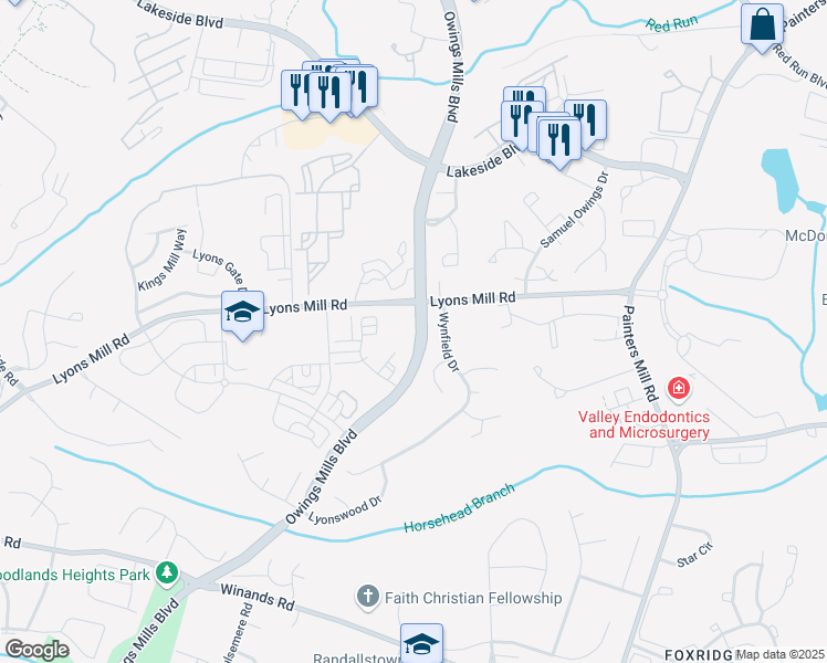 map of restaurants, bars, coffee shops, grocery stores, and more near 9315 Lyons Mill Road in Owings Mills