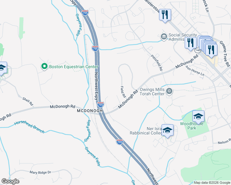 map of restaurants, bars, coffee shops, grocery stores, and more near 8212 McDonogh Road in Pikesville