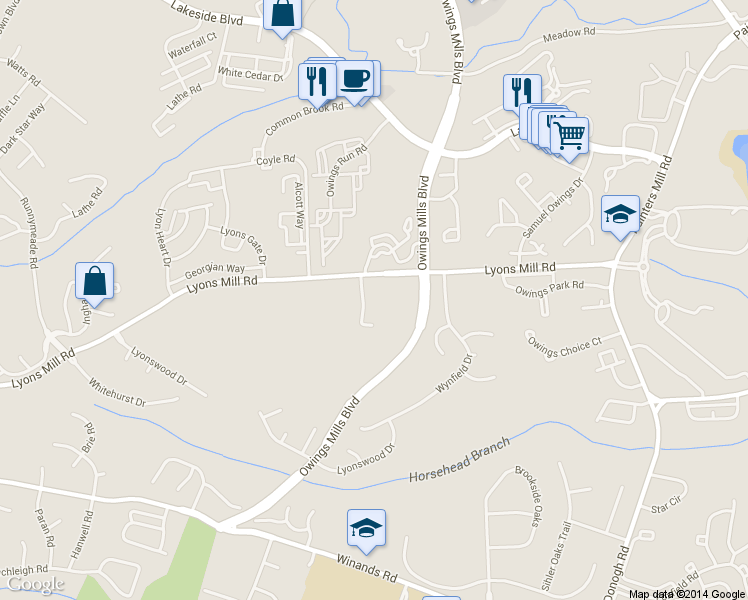 map of restaurants, bars, coffee shops, grocery stores, and more near 9401 Lyons Mill Road in Owings Mills