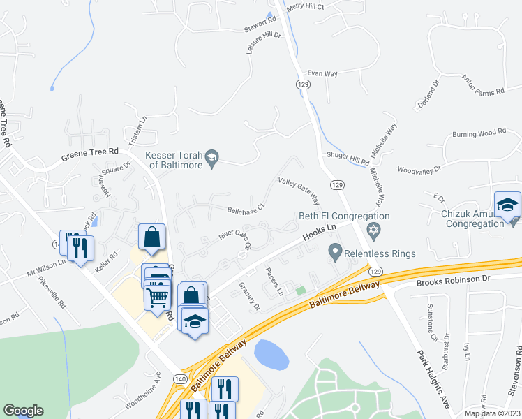 map of restaurants, bars, coffee shops, grocery stores, and more near 42 Bellchase Court in Pikesville