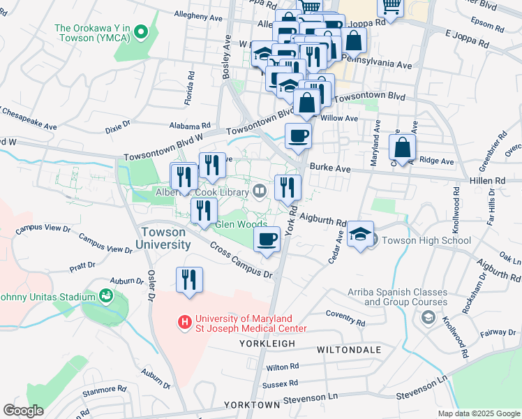 map of restaurants, bars, coffee shops, grocery stores, and more near 7905 Glen Drive in Towson