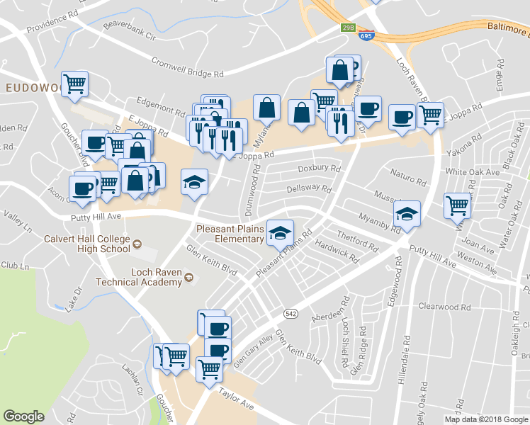 map of restaurants, bars, coffee shops, grocery stores, and more near 1510 Putty Hill Avenue in Towson