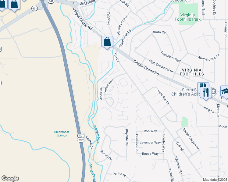 map of restaurants, bars, coffee shops, grocery stores, and more near 250 Aquarius Circle in Reno