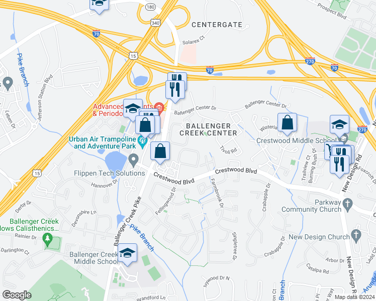 map of restaurants, bars, coffee shops, grocery stores, and more near 533 Genesis Lane in Frederick