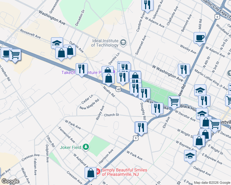 map of restaurants, bars, coffee shops, grocery stores, and more near 701 East Black Horse Pike in Pleasantville