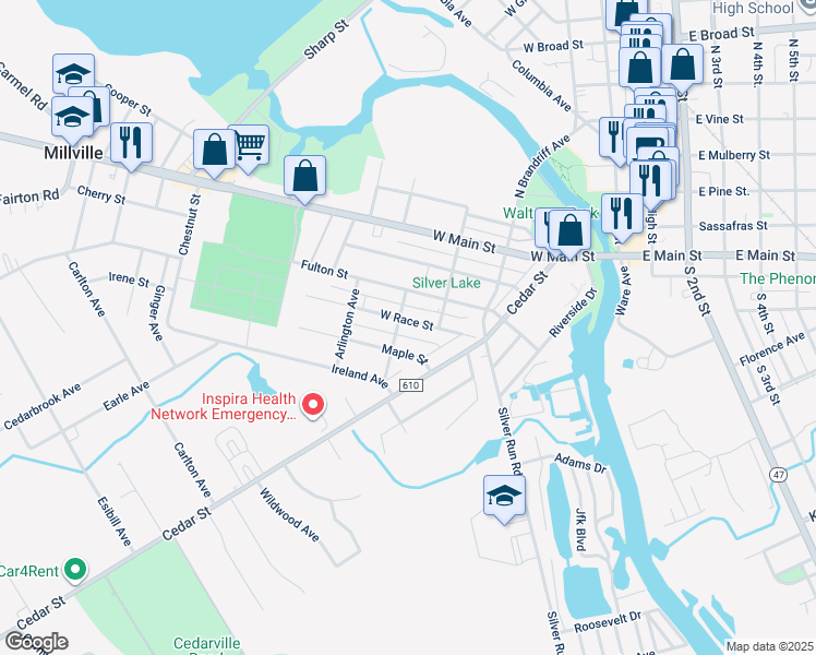 map of restaurants, bars, coffee shops, grocery stores, and more near 2 Turtle Court in Millville