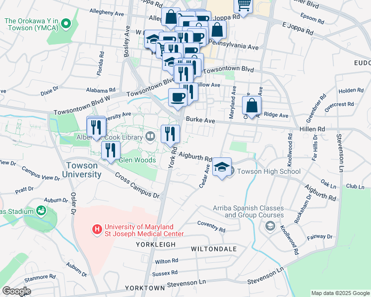 map of restaurants, bars, coffee shops, grocery stores, and more near 8001 York Road in Towson