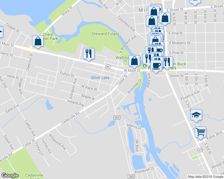 map of restaurants, bars, coffee shops, grocery stores, and more near 210 Cedar Street in Millville