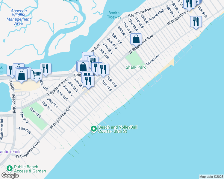 map of restaurants, bars, coffee shops, grocery stores, and more near 3015 Ocean Avenue in Brigantine