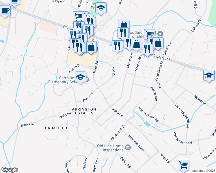 map of restaurants, bars, coffee shops, grocery stores, and more near 1858 McDuff Court in Eldersburg