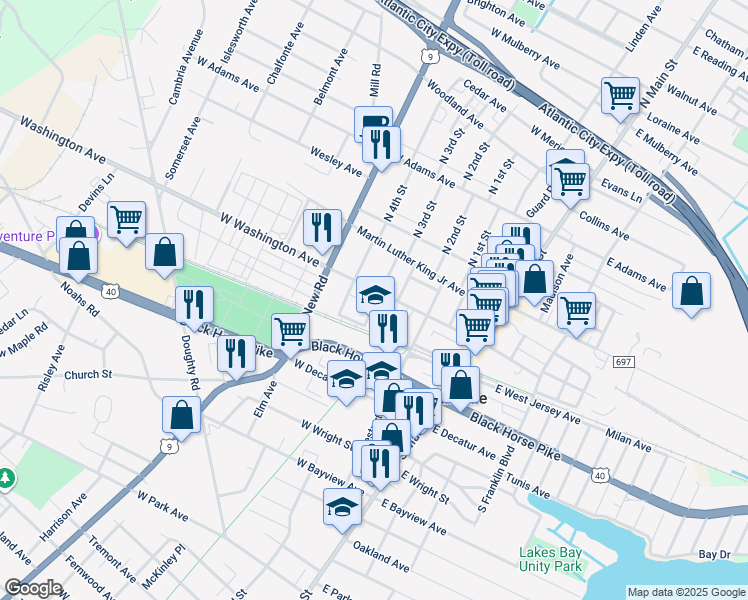 map of restaurants, bars, coffee shops, grocery stores, and more near 27 South 3rd Street in Pleasantville