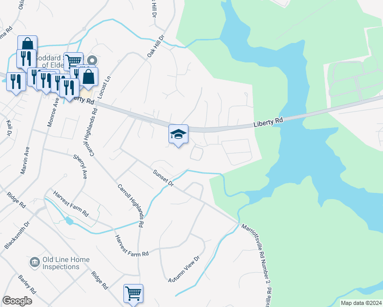 map of restaurants, bars, coffee shops, grocery stores, and more near 6500 Ridenour Way East in Eldersburg